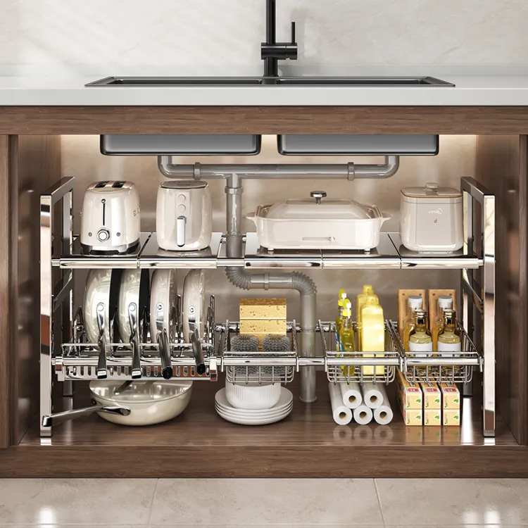 厨房不锈钢下水槽置物架可伸缩橱柜内锅架分层架家用锅具收纳架子
