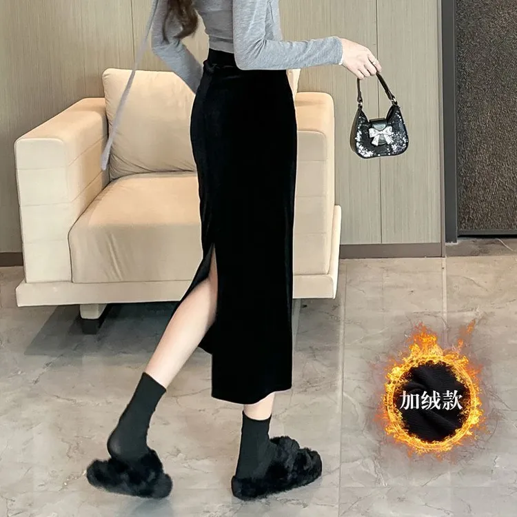 加绒加厚秋冬金丝绒半身裙女小个子包臀裙高腰开叉丝绒显瘦一步裙