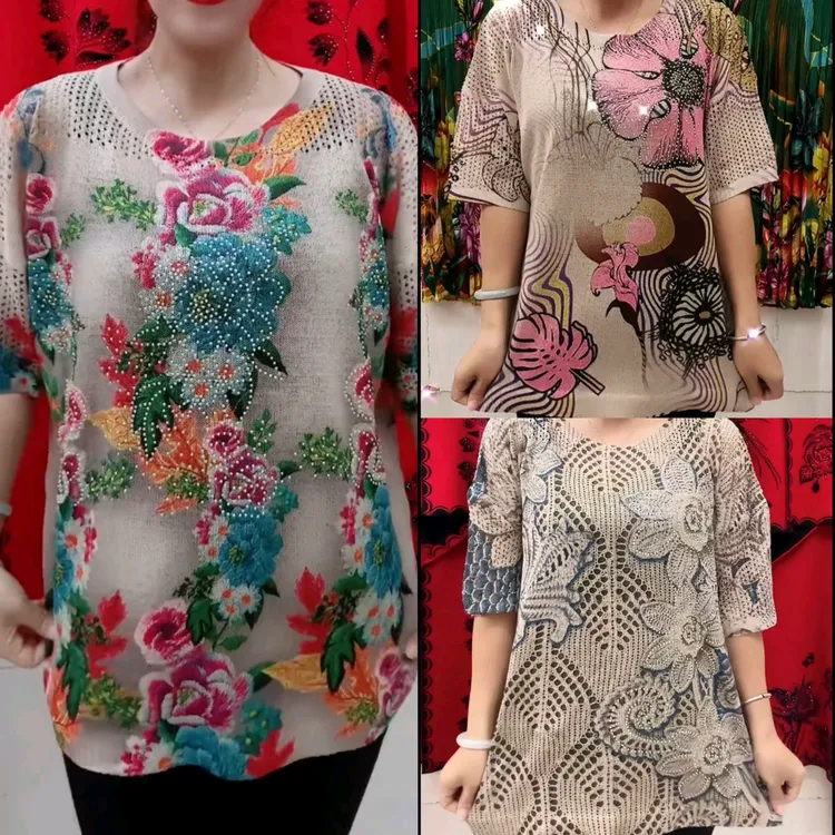 烫钻女短袖针织大码女装夏季百搭印花宽松民族风