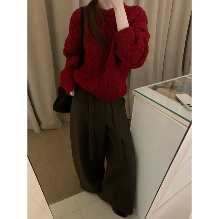 慵懒复古圆领红色长袖针织衫女冬季高腰松弛感休闲长裤套装26455