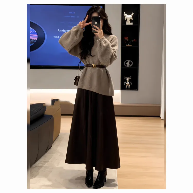 冬季一整套穿搭高级感轻熟风针织毛衣中长款半身裙显瘦气质两件套