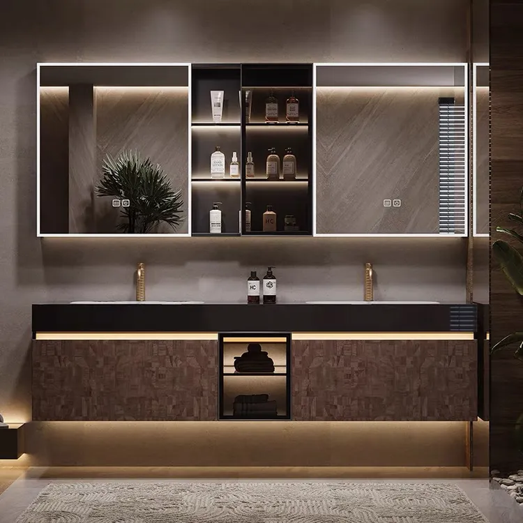 酒店风岩板无缝陶瓷一体盆浴室柜组合双盆卫生间洗漱台洗手脸盆柜