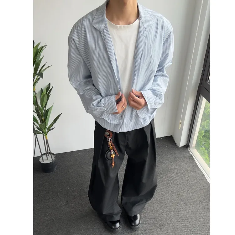 高质感简约深V立领假两件竖纹撞色男女cleanfit长袖休闲衬衣