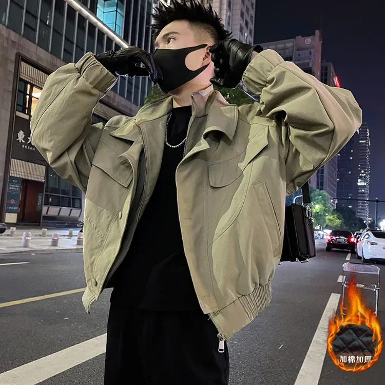 秋冬军绿色美式设计感外套男立领高级感男飞行员工装加棉加厚夹克