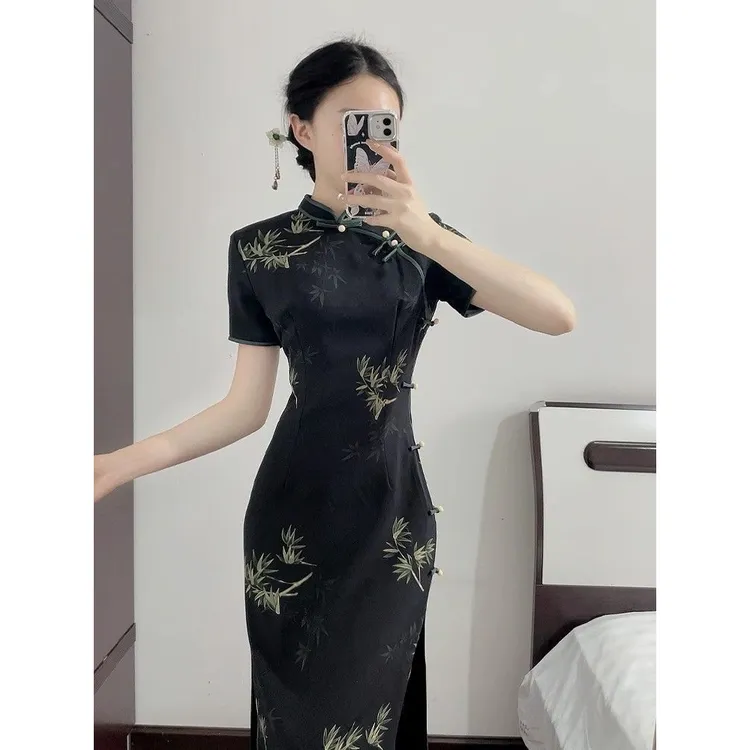 黑色旗袍2025新款夏季改良年轻款少女复古民国风竹子日常可穿长裙