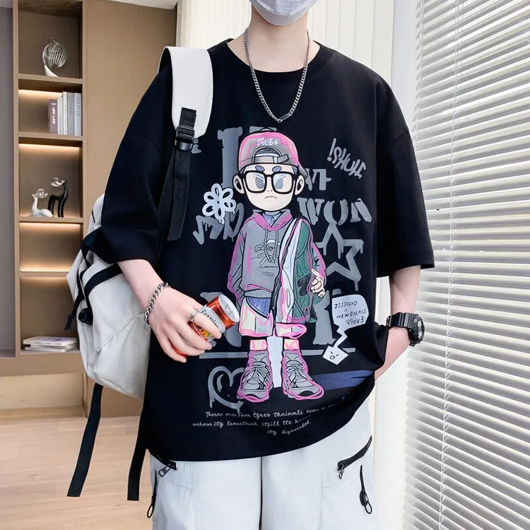 男短袖夏季新款渐变港风圆领半袖男款青少潮牌短t潮流印花休闲