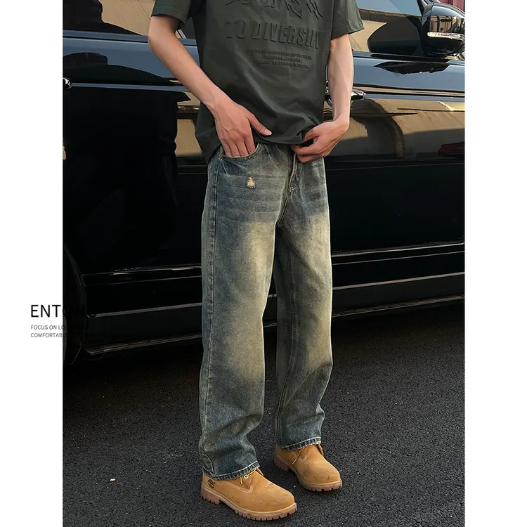 Entong美式街头潮牌做旧脏脏牛仔裤男款复古水洗宽松高街直筒裤子