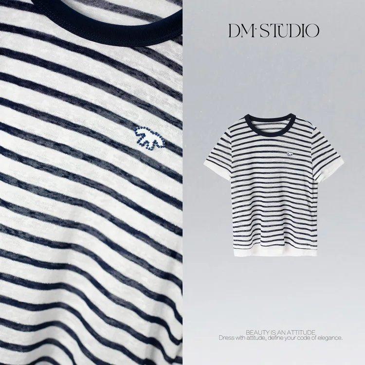 DEDM•STUDIO/夏季透气百搭撞色条纹圆领短袖上衣T恤2506TX/QF1306