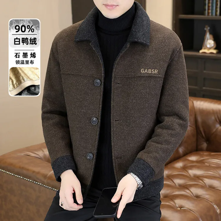 高档翻领羽绒服毛呢外套男士石墨烯白鸭绒毛呢大衣高级感夹克外套