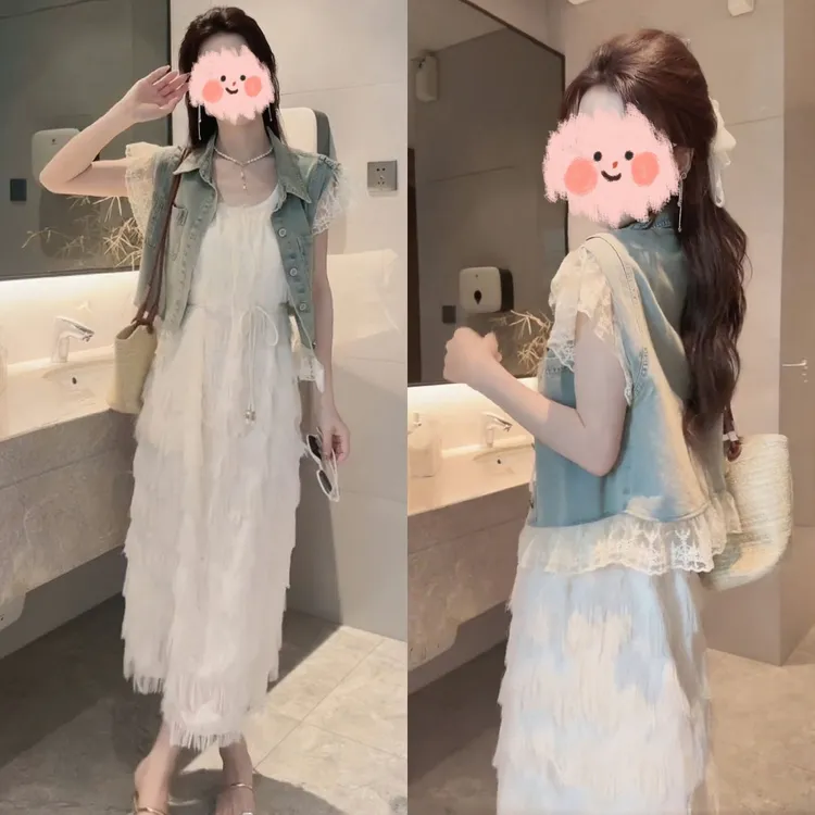 夏季小众设计感蕾丝拼接牛仔马甲2025新款流苏吊带裙时尚气质套装