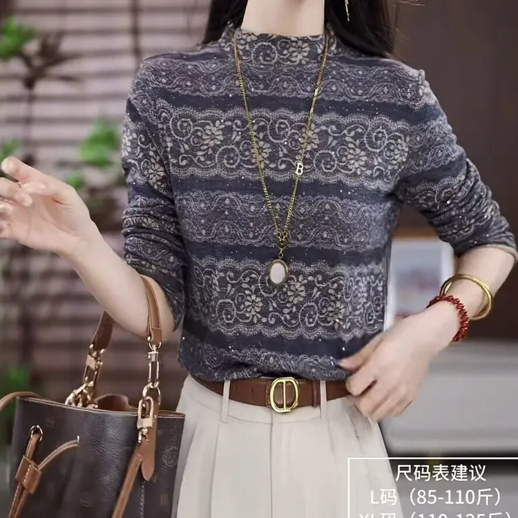 妈妈显瘦时尚休闲打底衫洋气2025秋冬宽松大码圆领长袖T恤上衣女