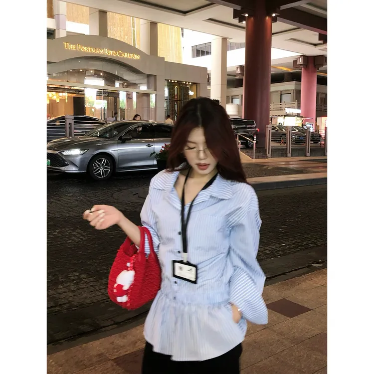 【鬼马周刊】甜辣多多长袖衬衫早秋条纹宽松版型收腰中长款衬衫女