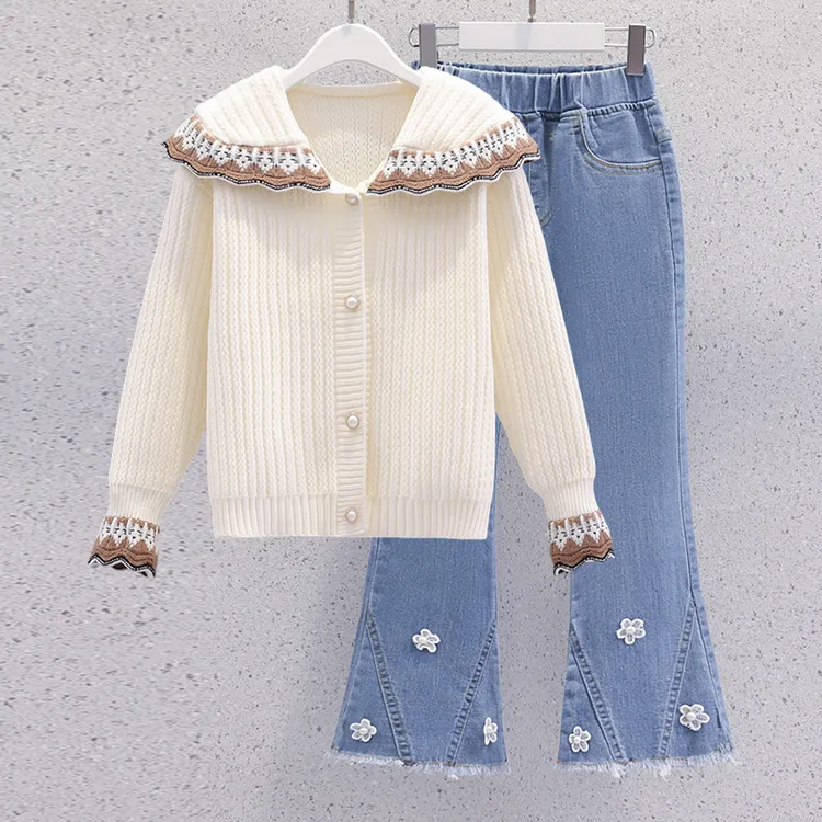 女童冬装学院风套装2025新款娃娃领毛衣外套秋冬季儿童开衫两件套