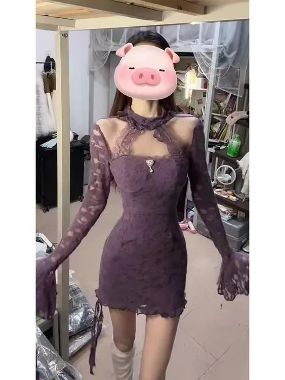 pinkmoon||性感纯欲风修身蕾丝拼接秋季紫色辣妹收腰显瘦连衣裙