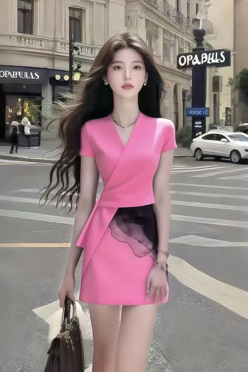 轻奢修身短款粉红色时尚套装气质高腰修身显瘦两件套高级小众风