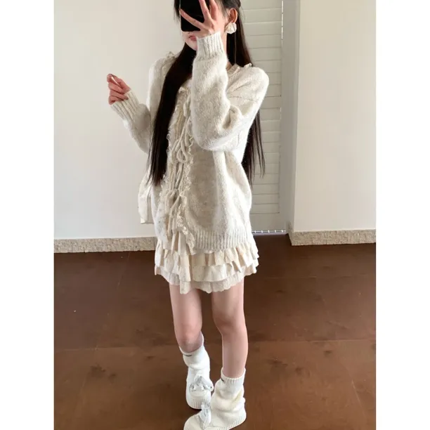 【赵小小&奶昔白月光】82093 秋季蕾丝系带针织毛衣外套显瘦上衣女