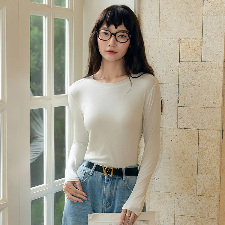 莱赛尔正肩圆领打底衫女秋冬季纯色内搭修身显瘦长袖T恤上衣