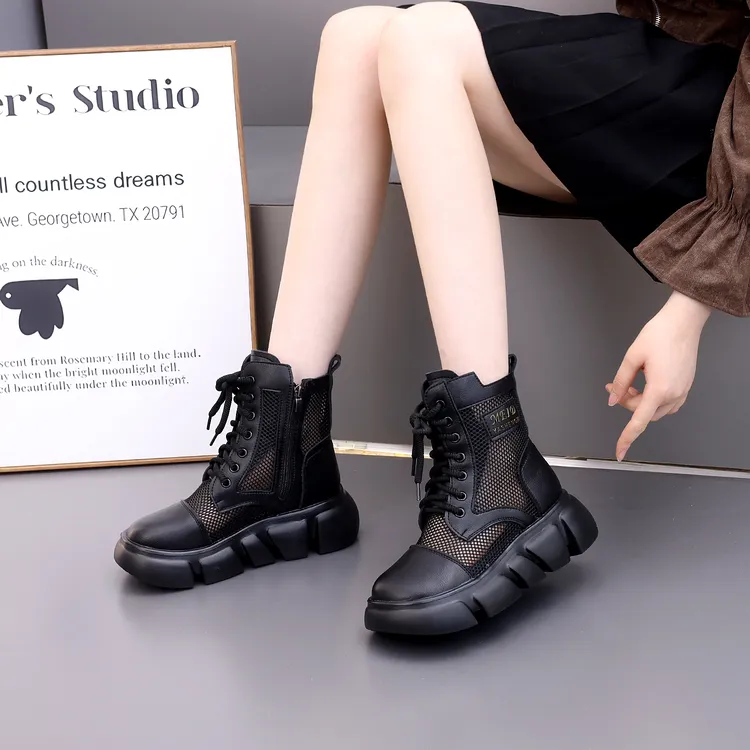 真皮镂空网纱马丁靴女2025夏季厚底透气显瘦复古凉靴时尚网面短靴