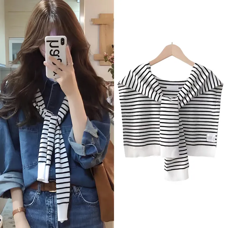 条纹披肩外搭女2025新款春夏季百搭小坎肩搭配衬衫裙子围巾高级感