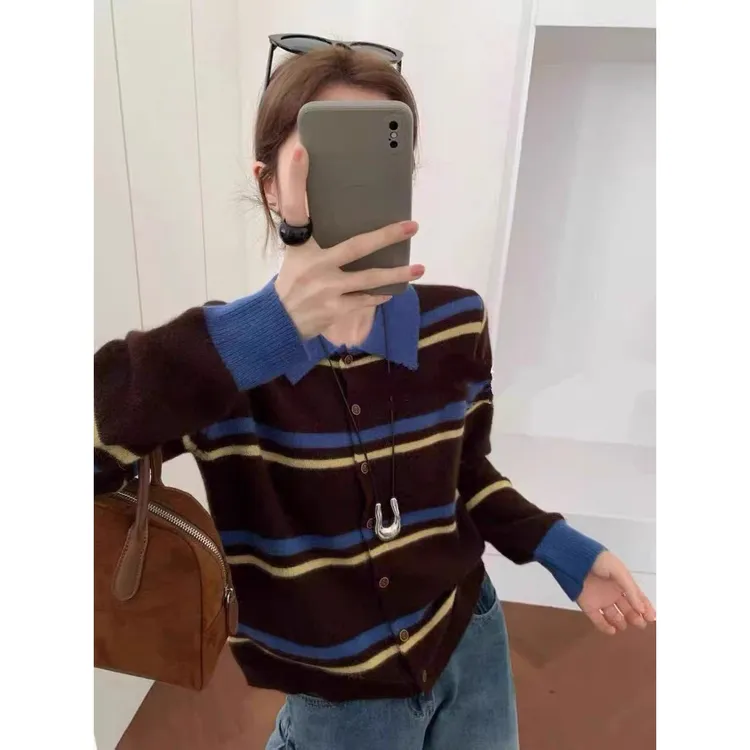 Polo领新款拼色条纹翻领长袖针织开衫上衣时尚洋气百搭软糯G9-45