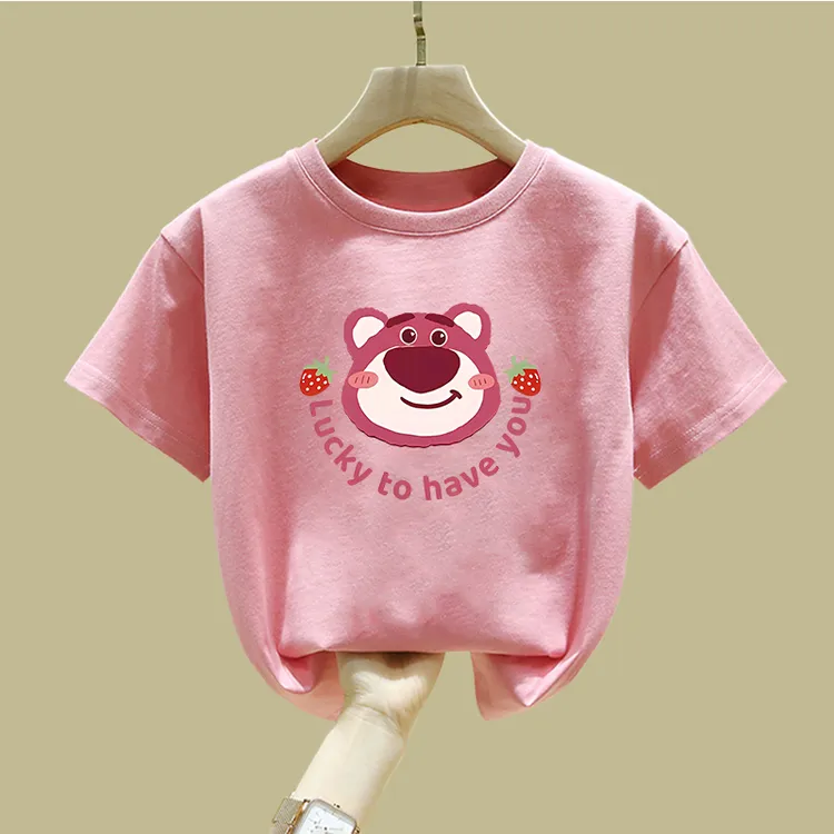 洋气爆款草莓熊纯棉T恤2024新款粉色韩版甜美儿童圆领宝宝t血潮流