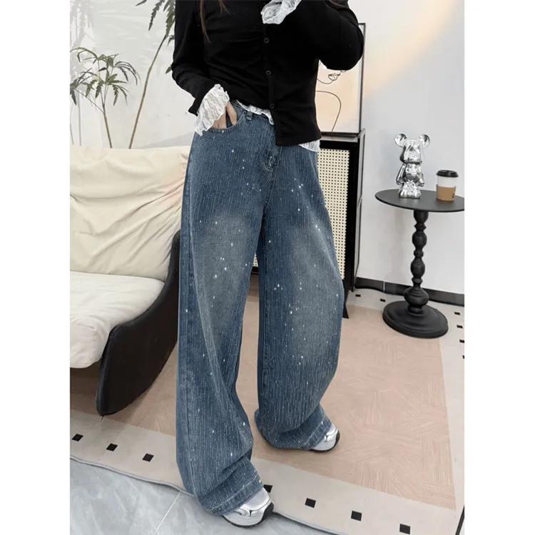 【破价+运费险】复古重工烫钻牛仔裤女秋季设计感宽松直筒阔腿裤子