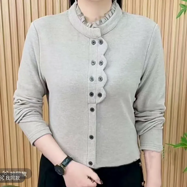 时尚双面德绒花边立领纯色打底衫秋冬款洋气中年妈妈显瘦百搭上衣