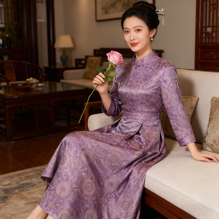 中国风改良旗袍长袖中式复古连衣裙秋季2025年新款紫色气质长款
