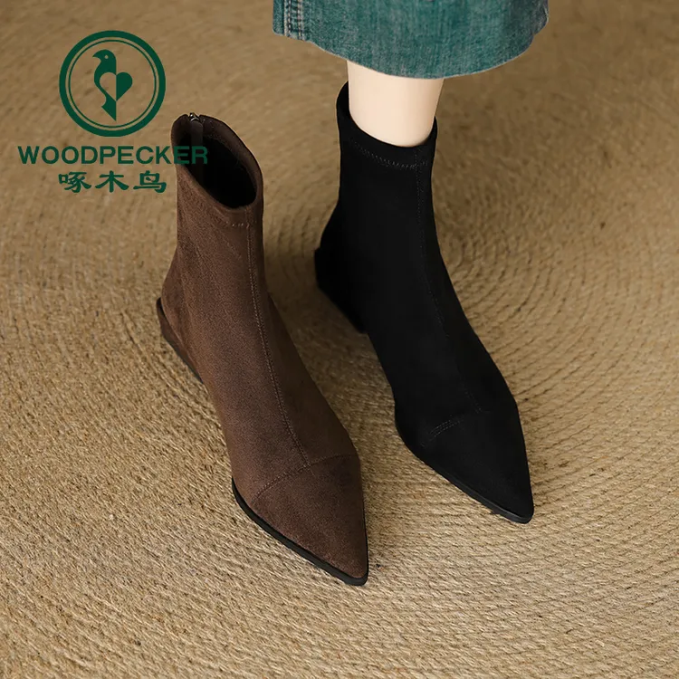 啄木鸟弹力瘦瘦靴女2025新款秋冬显瘦后拉链裸靴平底法式尖头短靴