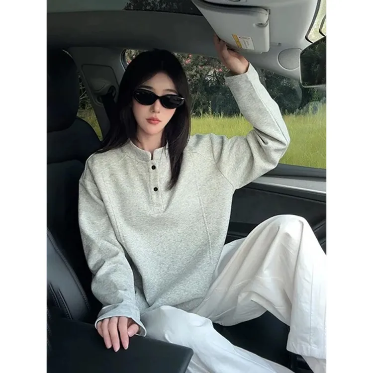 灰色美式亨利领长袖t恤男款秋季解构拼接正肩立领卫衣内搭打底衫