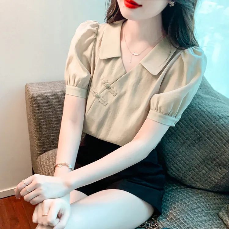 短袖雪纺衬衫女夏季洋气减龄漂亮小衫高级设计感翻领国风盘扣上衣