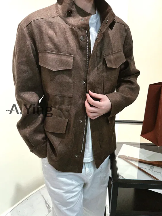  A.Ying【25FW 0927】 男士春秋冬立领短款亚麻双色猎装外套立领