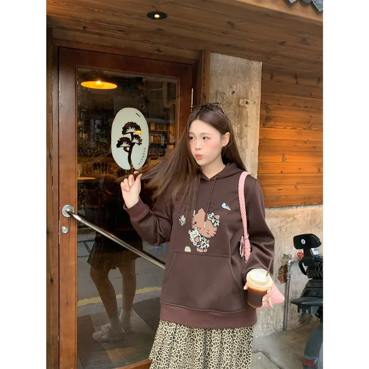 大婉酱千千微胖定制加绒黑皮kitty宽松连帽卫衣秋季减龄上衣1105X