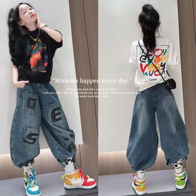 女童套装春秋款新款洋气中大童连帽卫衣外套女童宽松牛仔裤两件套