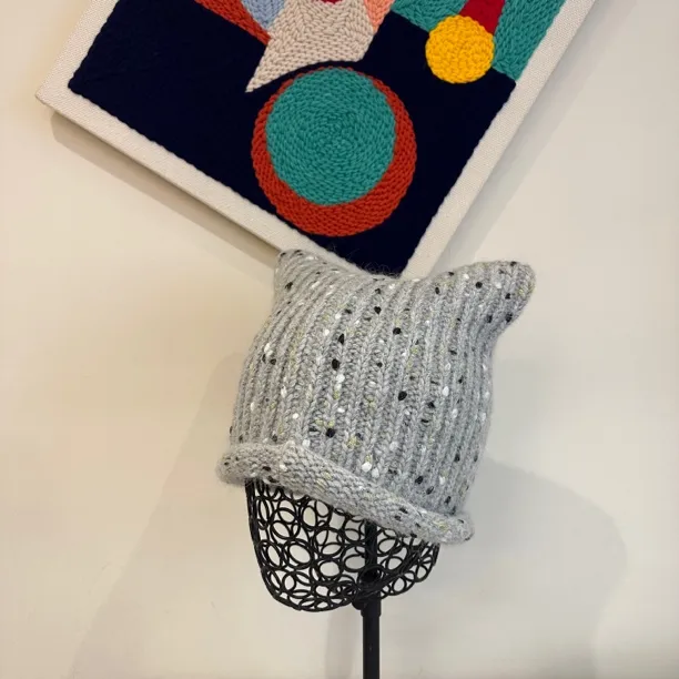 彩纱点点立体耳朵针织毛线帽