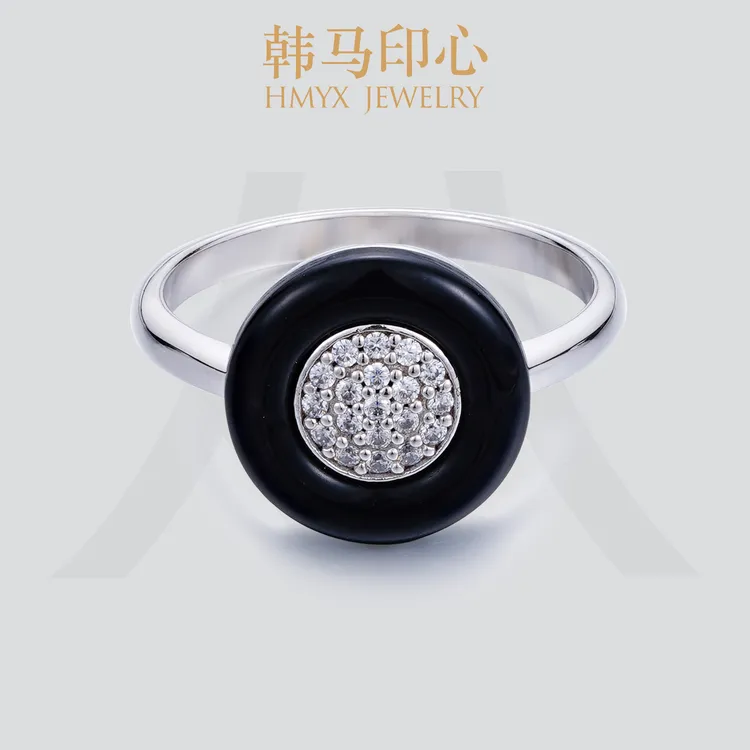 韩马印心S925银天然黑玛瑙小众撞色戒指简约设计高级感指环 