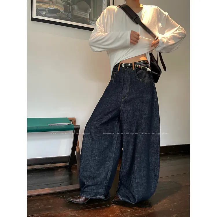 JCCC影子【靛蓝丹宁】靛蓝色明线设计脚口暗扣叠褶牛仔裤JE5ANK14