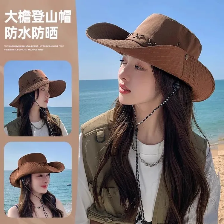 遮阳帽子女大帽檐登山防晒夏季钓鱼户外徒步渔夫帽复古西部牛仔帽