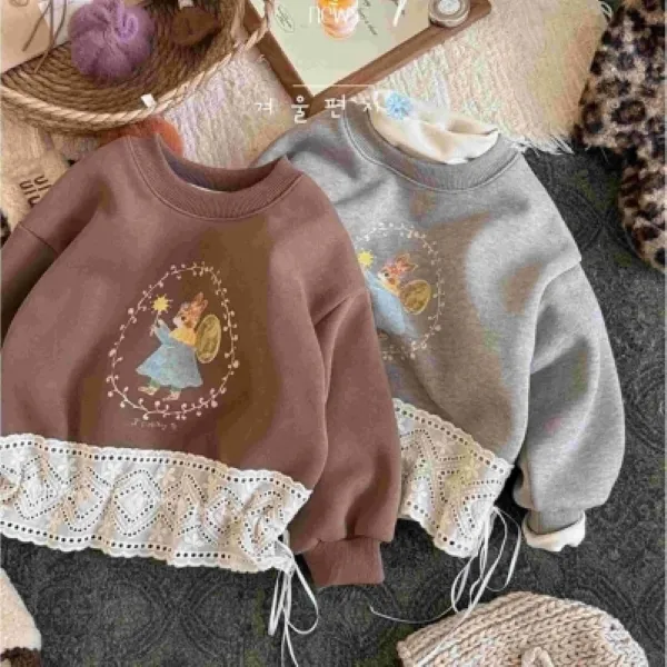 韩国童装2025年秋冬新款亲子蕾丝拼接加绒卫衣女童加厚T恤