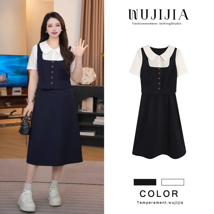 五季家大码夏季新款2025减龄裙子假两件中长款遮肉连衣裙ZL54788