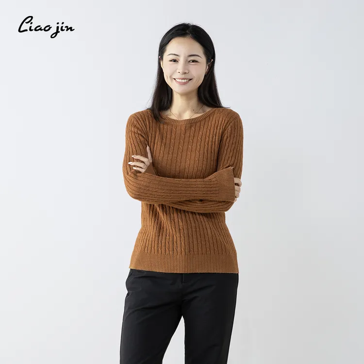 辽锦柞蚕丝小麻花针织衫焦糖色圆领时尚气质保暖