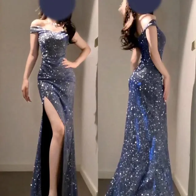 GirlsAt18 高级蓝色闪闪一字肩连衣裙女生日宴会礼服性感开叉长裙