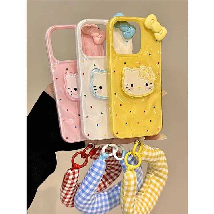 雅天立泼墨KT猫蝴蝶结适用iPhone16褶皱手机壳15promax13陨石纹12