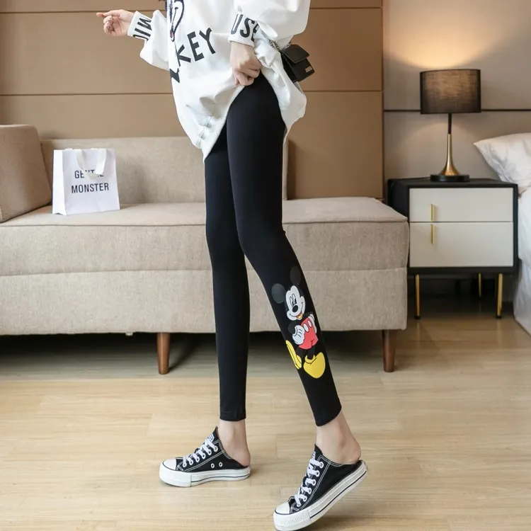 运动打底裤女外穿大码纯棉米奇九分裤春秋薄款高腰显瘦紧身小脚裤