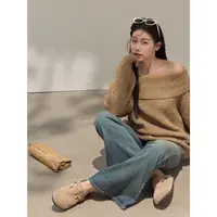 张大人【留声机】大码女装微胖妹妹一字肩上衣微喇牛仔裤套装