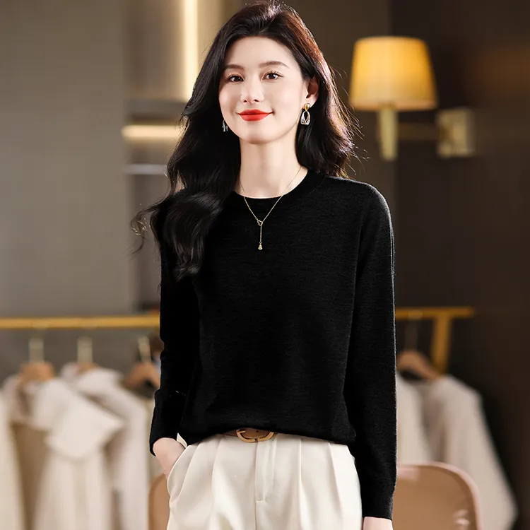 哥弟阿玛施正精仿羊毛衫女圆领100%纯羊毛秋冬纯色百搭毛衣打底衫
