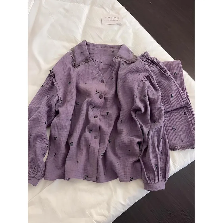 韩系甜美紫色睡衣女春秋季田园风开衫长袖长裤休闲宽松套装可外穿