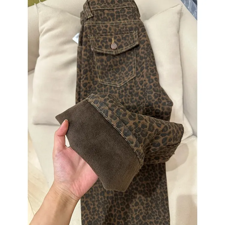 加绒豹纹阔腿牛仔裤女2025秋冬新款保暖宽松显瘦印花设计感拖地裤