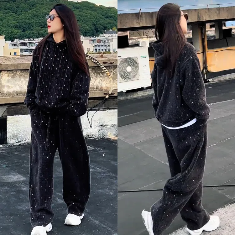 重磅加厚冬季马海毛百搭宽松舒适潮流弯刺绣彩点高级感时尚套装男