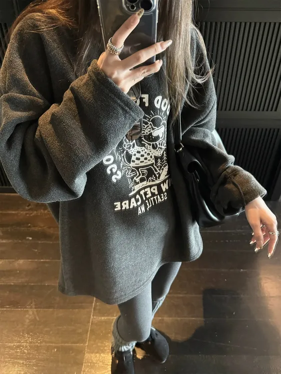 YUANSU加厚绒长袖T恤女冬季加厚灰色印花内搭打底衫宽松圆领上衣